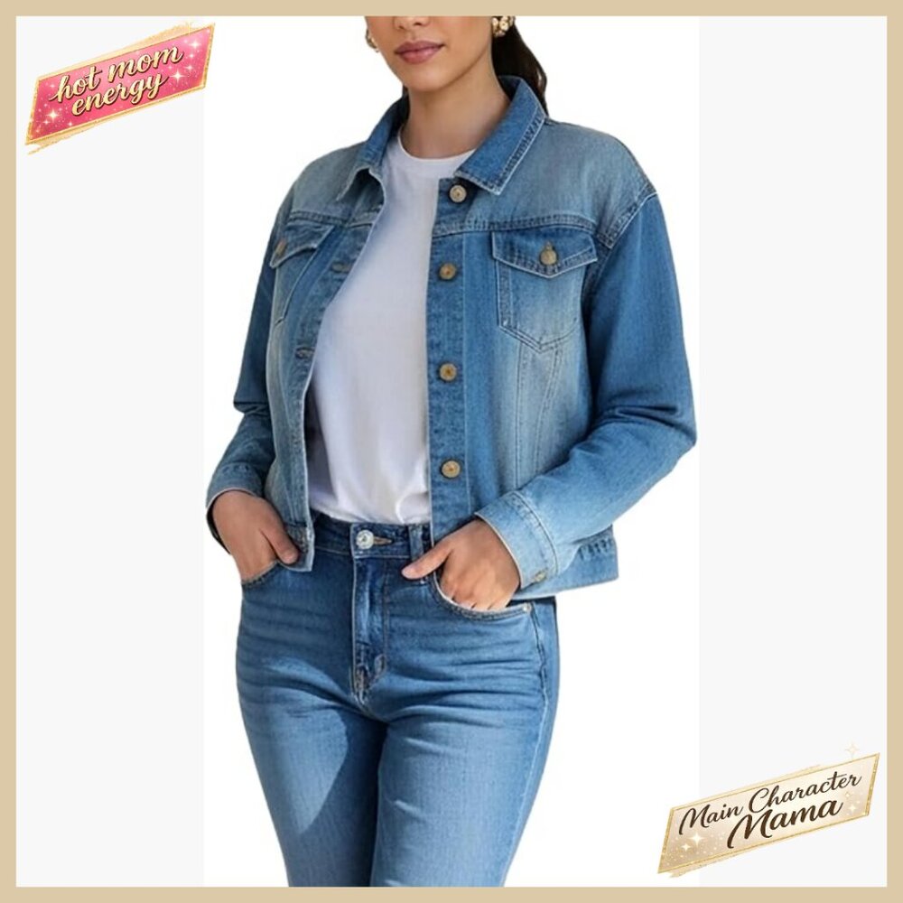 Cropped Denim Jacket Classic Collared Button Down… - image 1